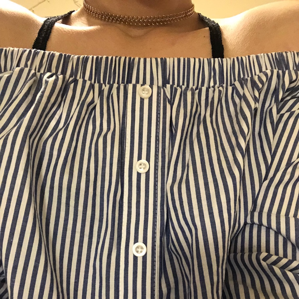 Blue and white off shoulder top